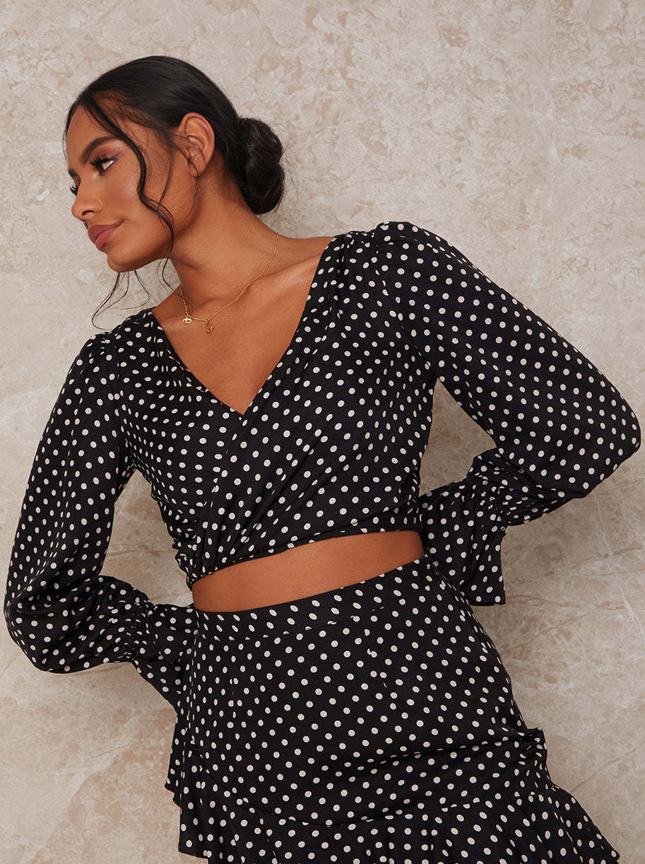 Polka Dot Ruffle Midi Skirt in Black