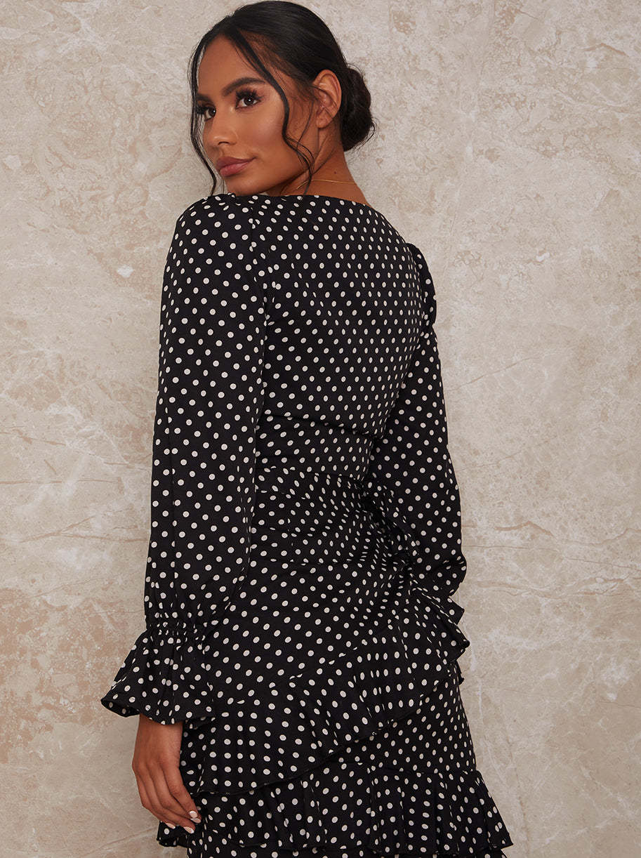 Polka Dot Ruffle Midi Skirt in Black