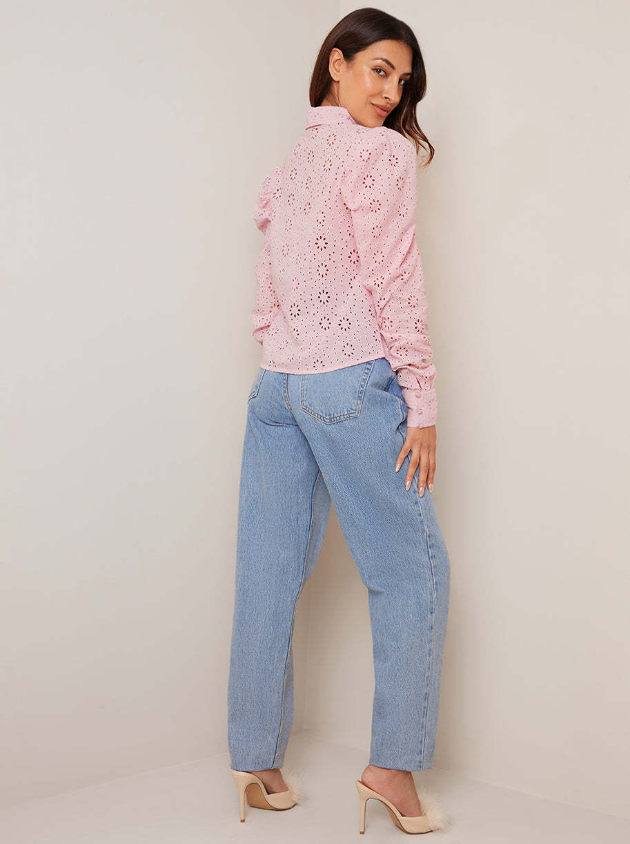 Broderie Anglaise Puff Sleeve Shirt in Pink