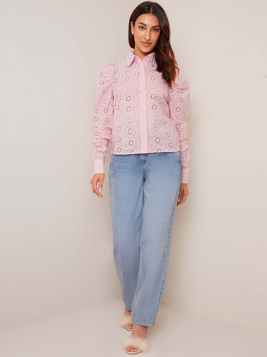 Broderie Anglaise Puff Sleeve Shirt in Pink