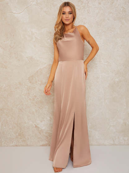 Satin Slip Cowl Neck Maxi Dress in Champagne Chi Chi London