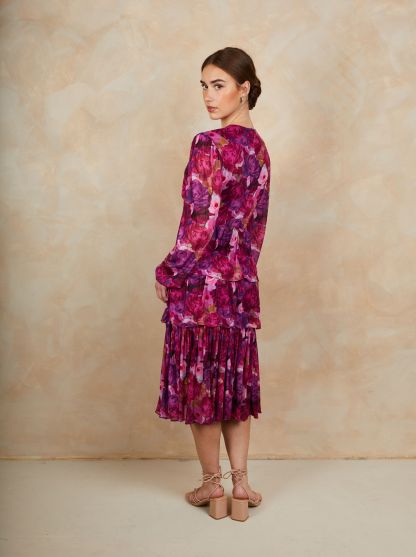 Long Sleeve Floral Printed Mesh Tiered Midi Dress