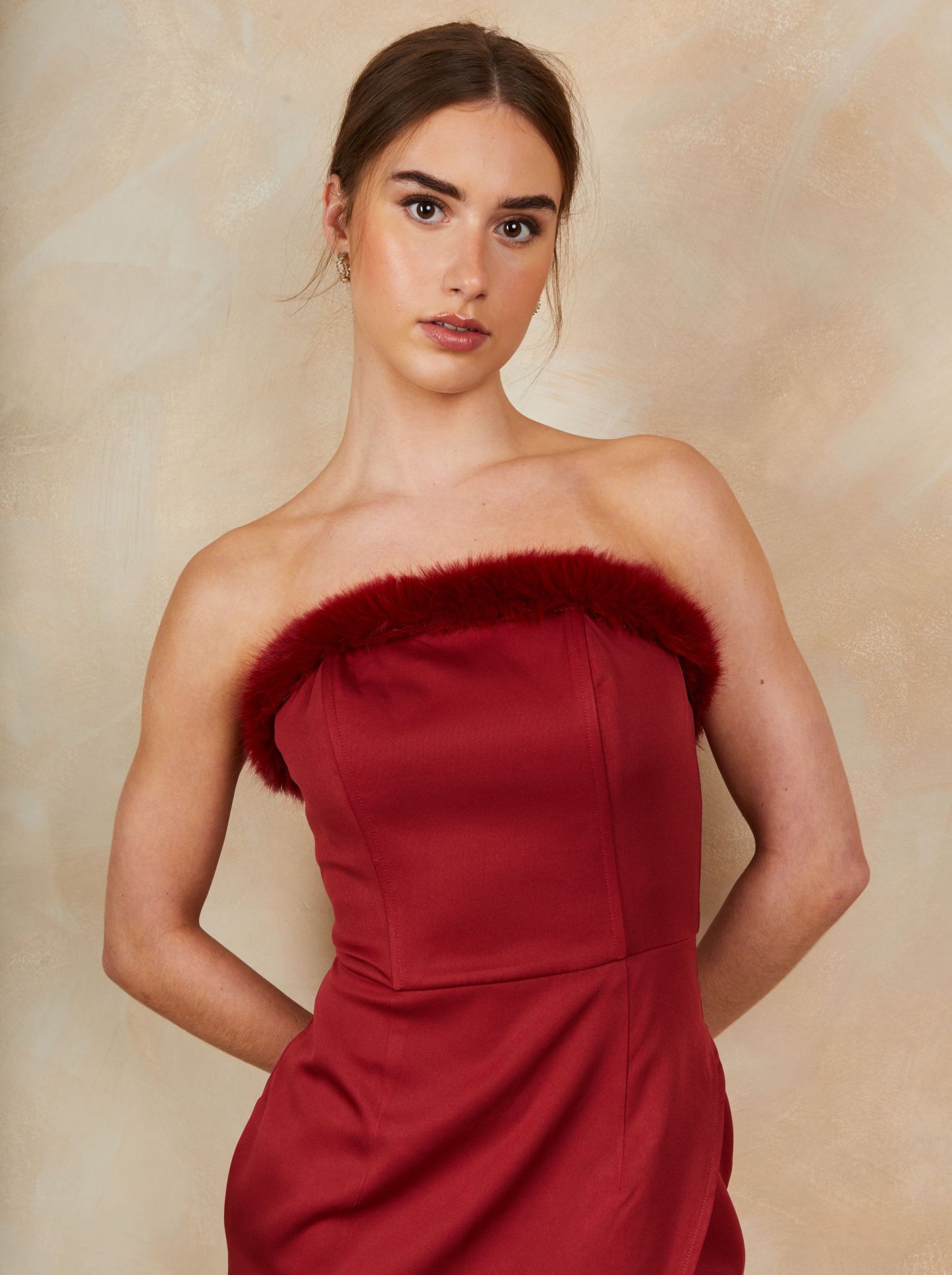 Faux Feather Trim Mini Dress in Red