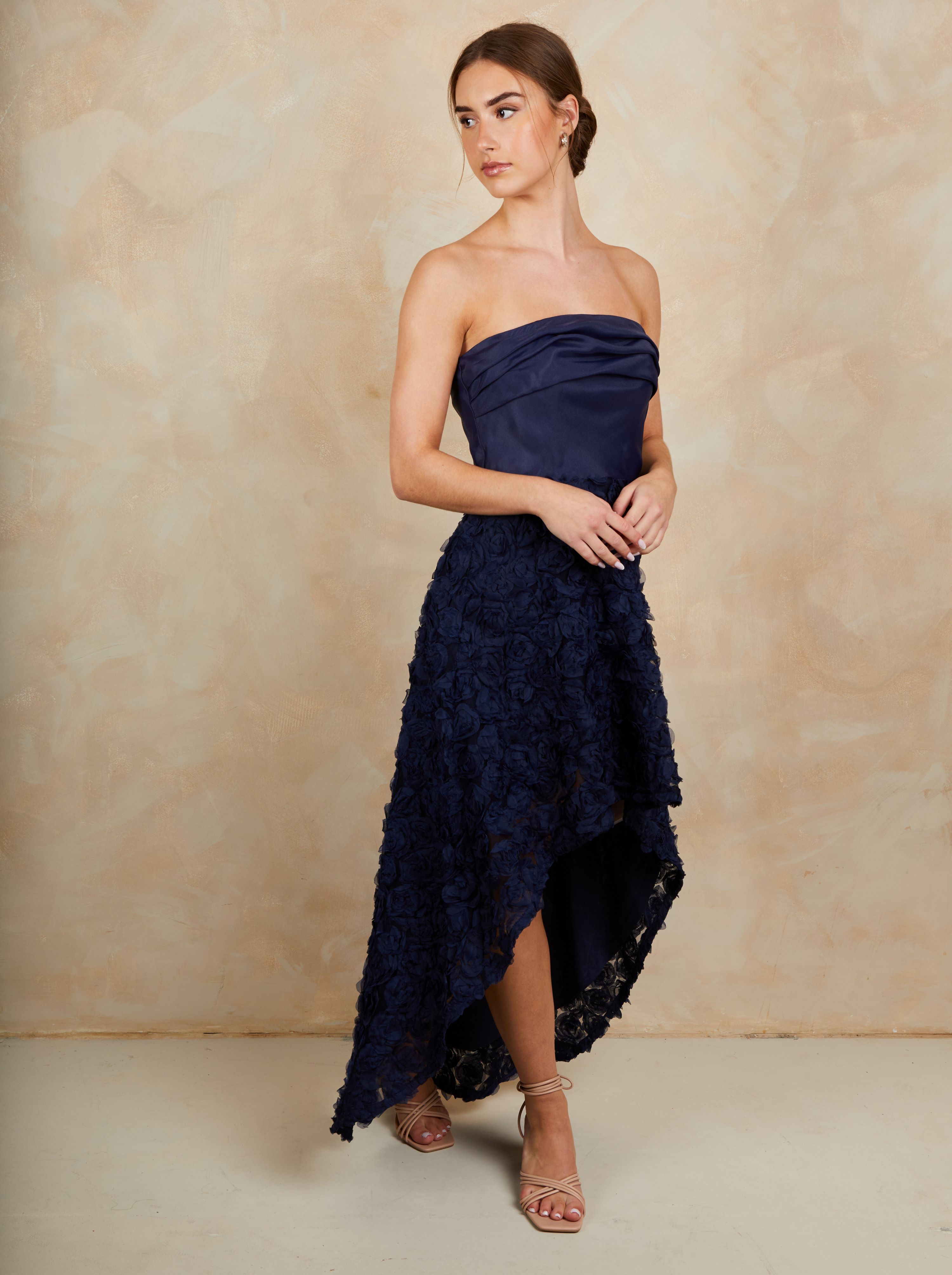3D Floral Dip Hem Dress in Navy