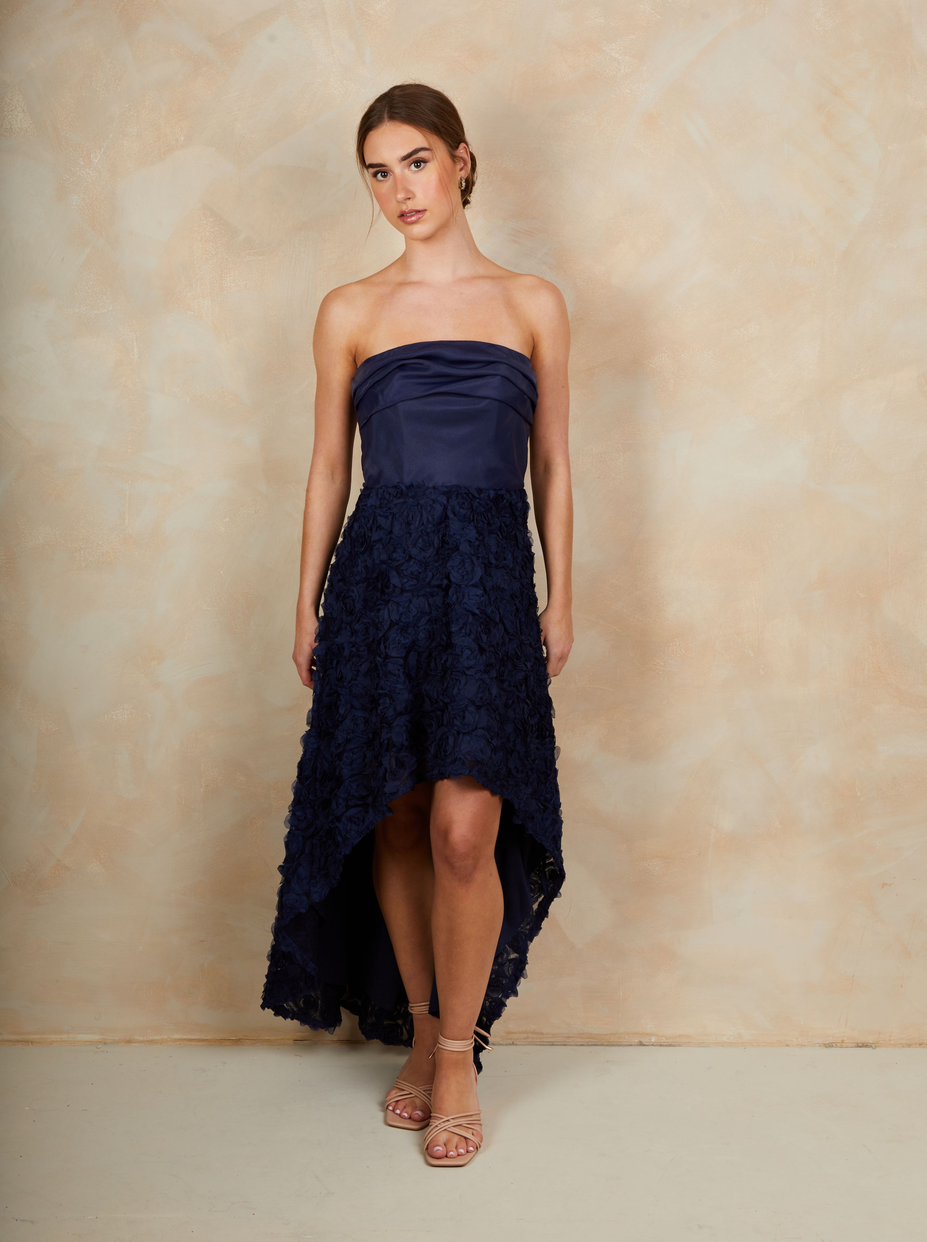 3D Floral Dip Hem Dress in Navy