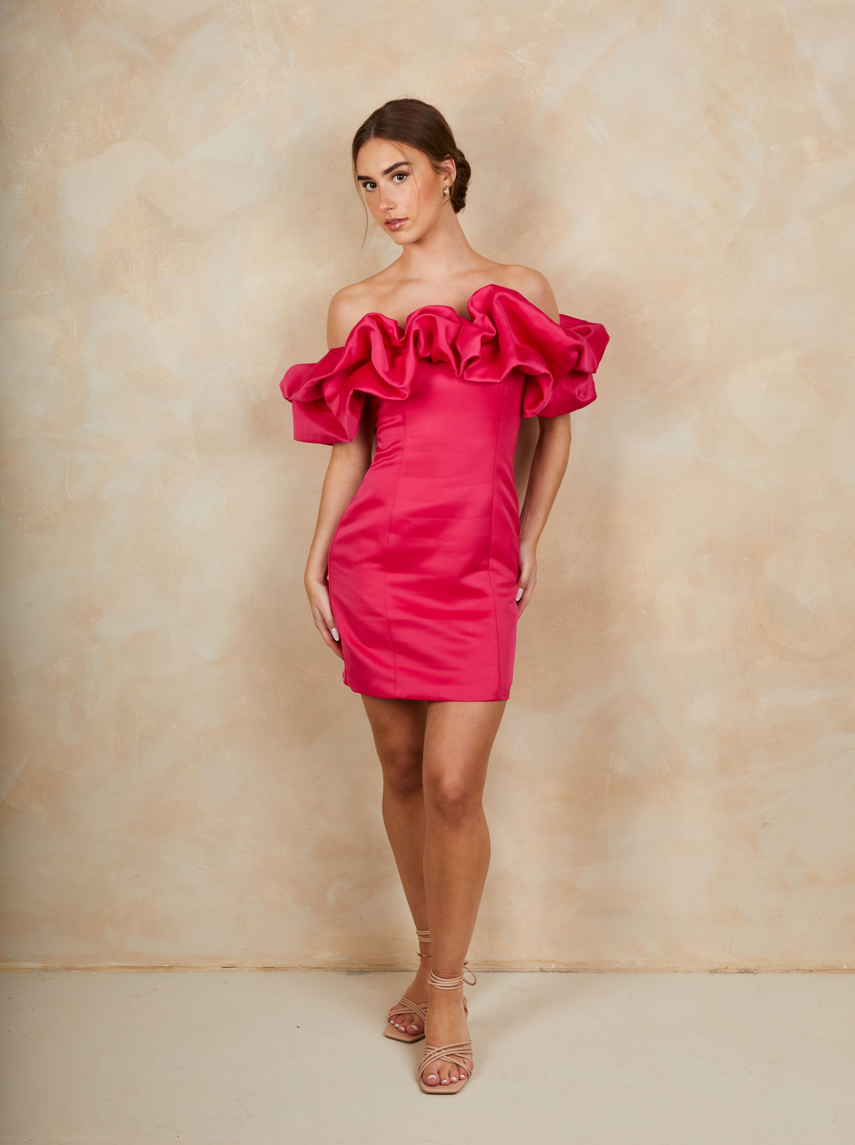 Ruffle Bardot Satin Mini Dress in Pink