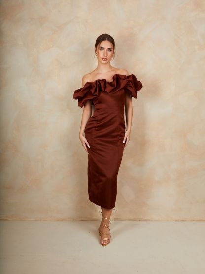 Ruffle Bardot Satin Midi Dress in Chocolate