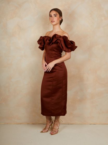 Ruffle Bardot Satin Midi Dress in Chocolate