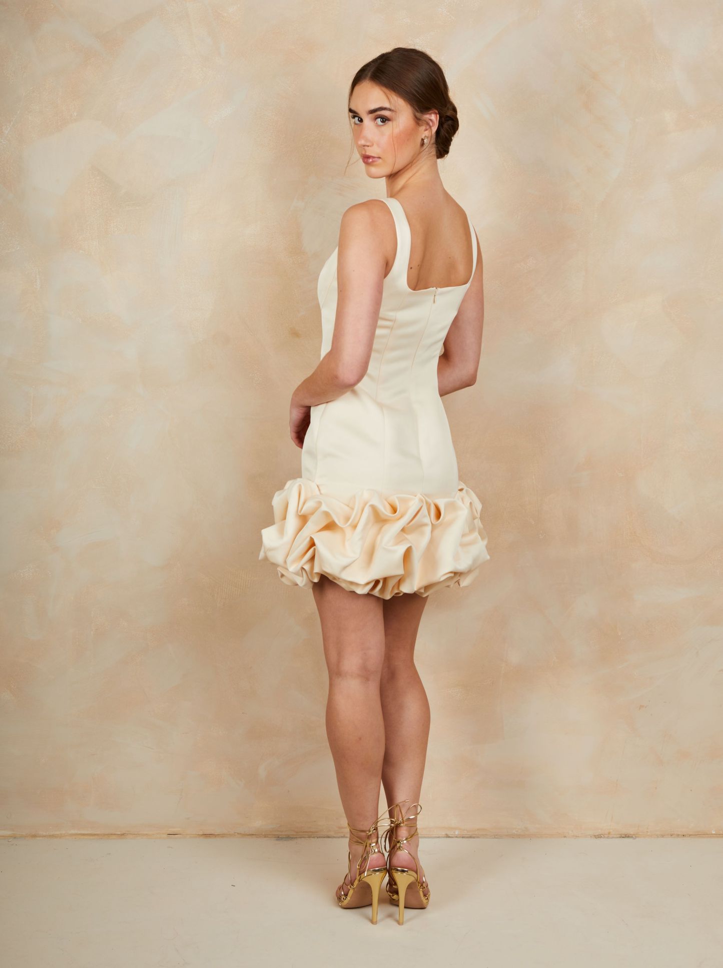 Ruffle Hem Satin Mini Dress in Cream