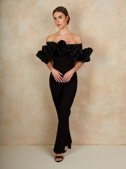 Ruffle Bardot Jumpsuit in Black