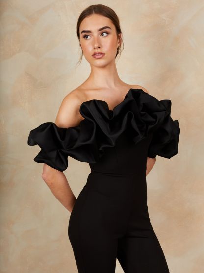 Ruffle Bardot Jumpsuit in Black