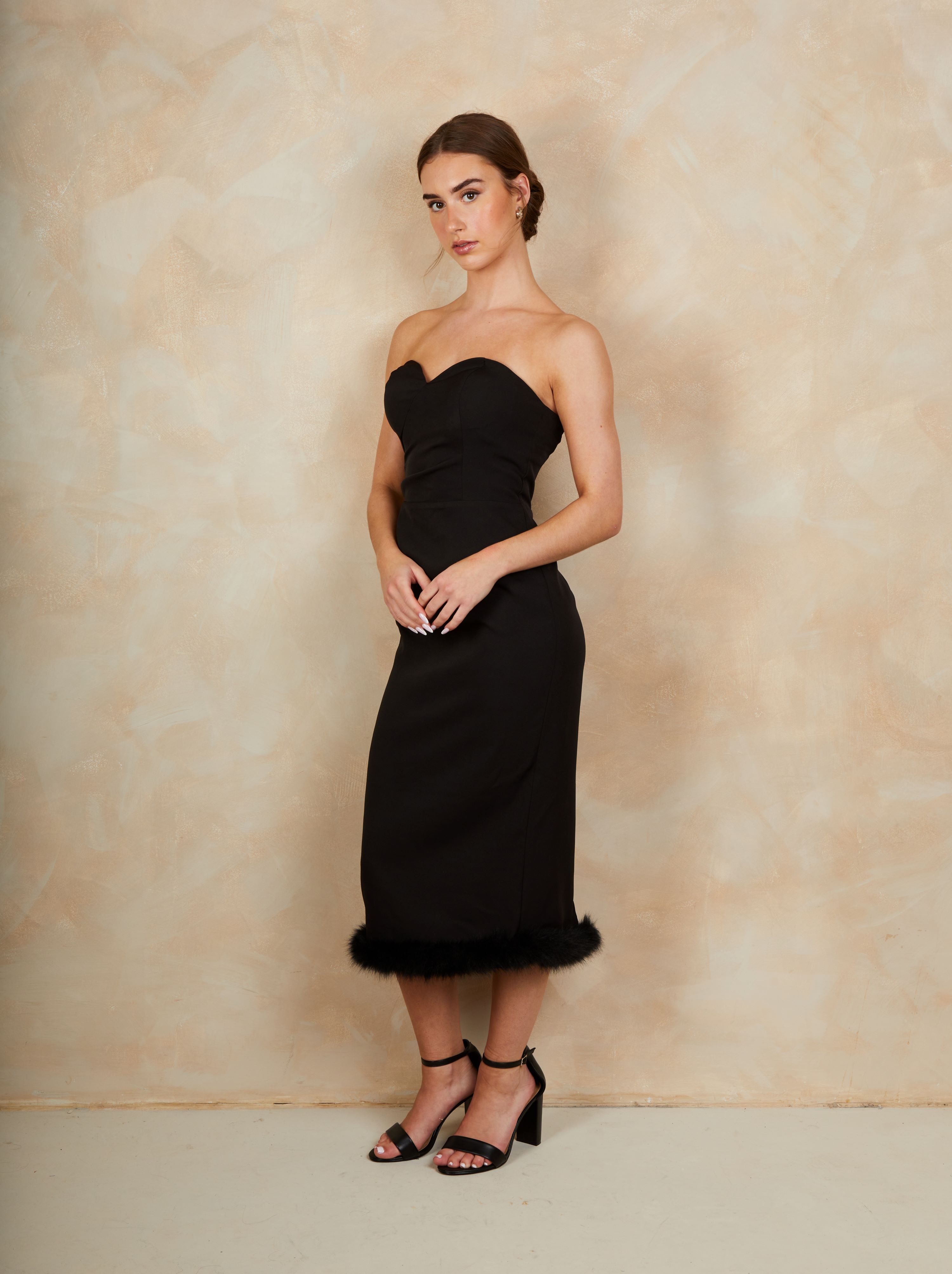 Faux Feather Trim Midi Dress in Black