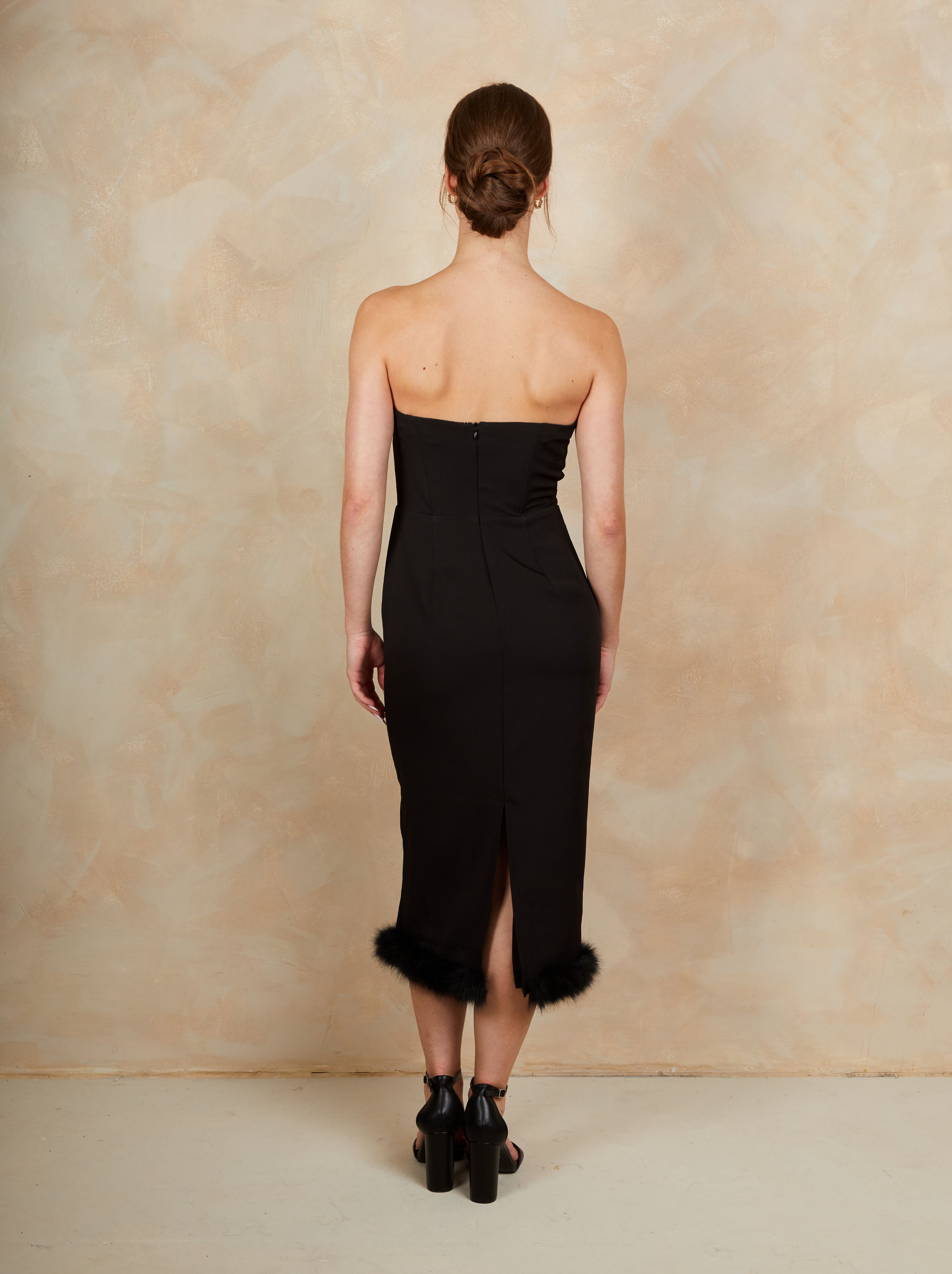 Faux Feather Trim Midi Dress in Black