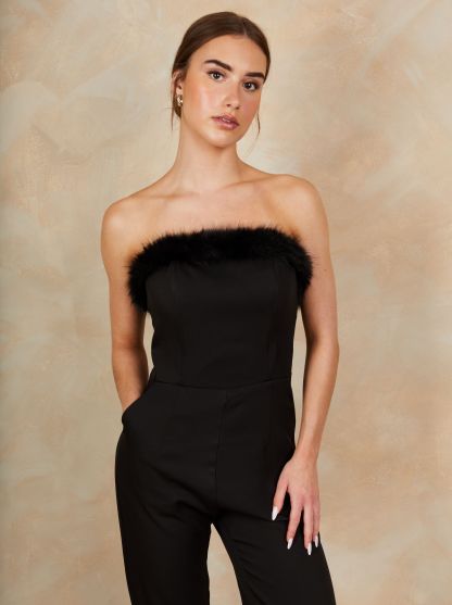 Faux Feather Trim Bandeau Jumpsuit in Black