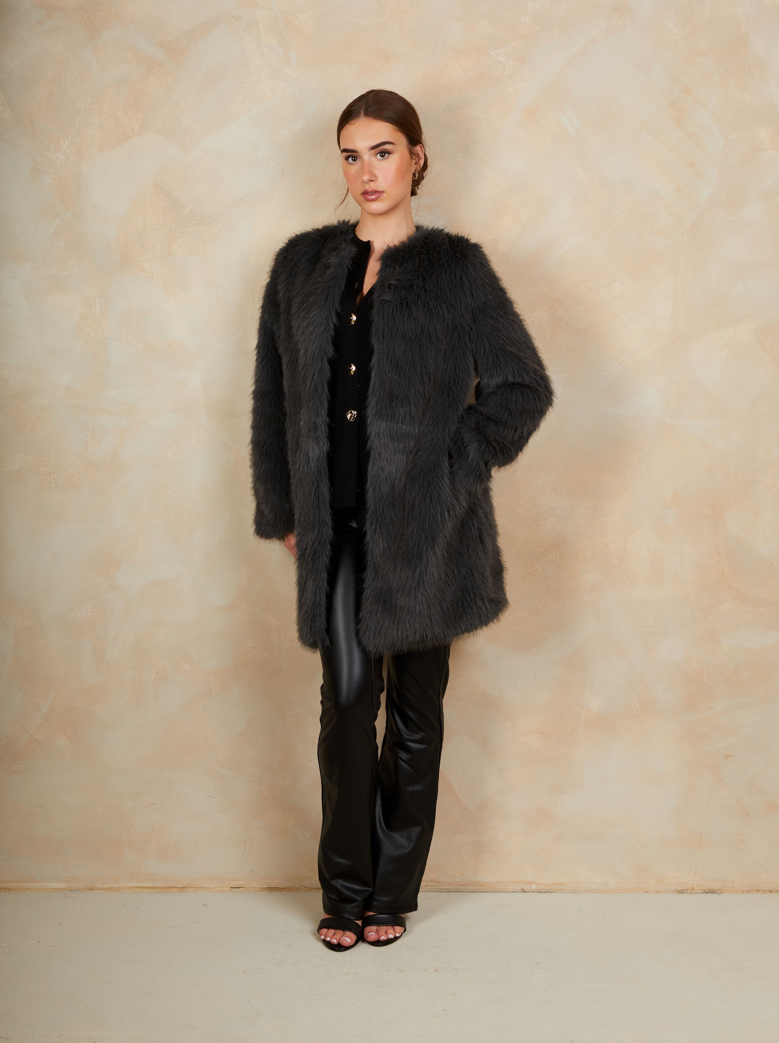 Shaggy Faux Fur Coat in Grey | Chi Chi London UK