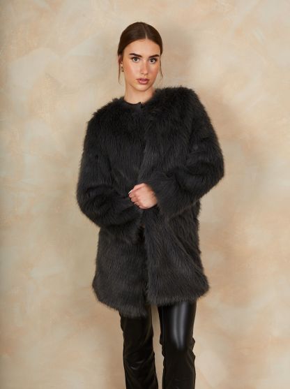 Shaggy Faux Fur Coat in Grey