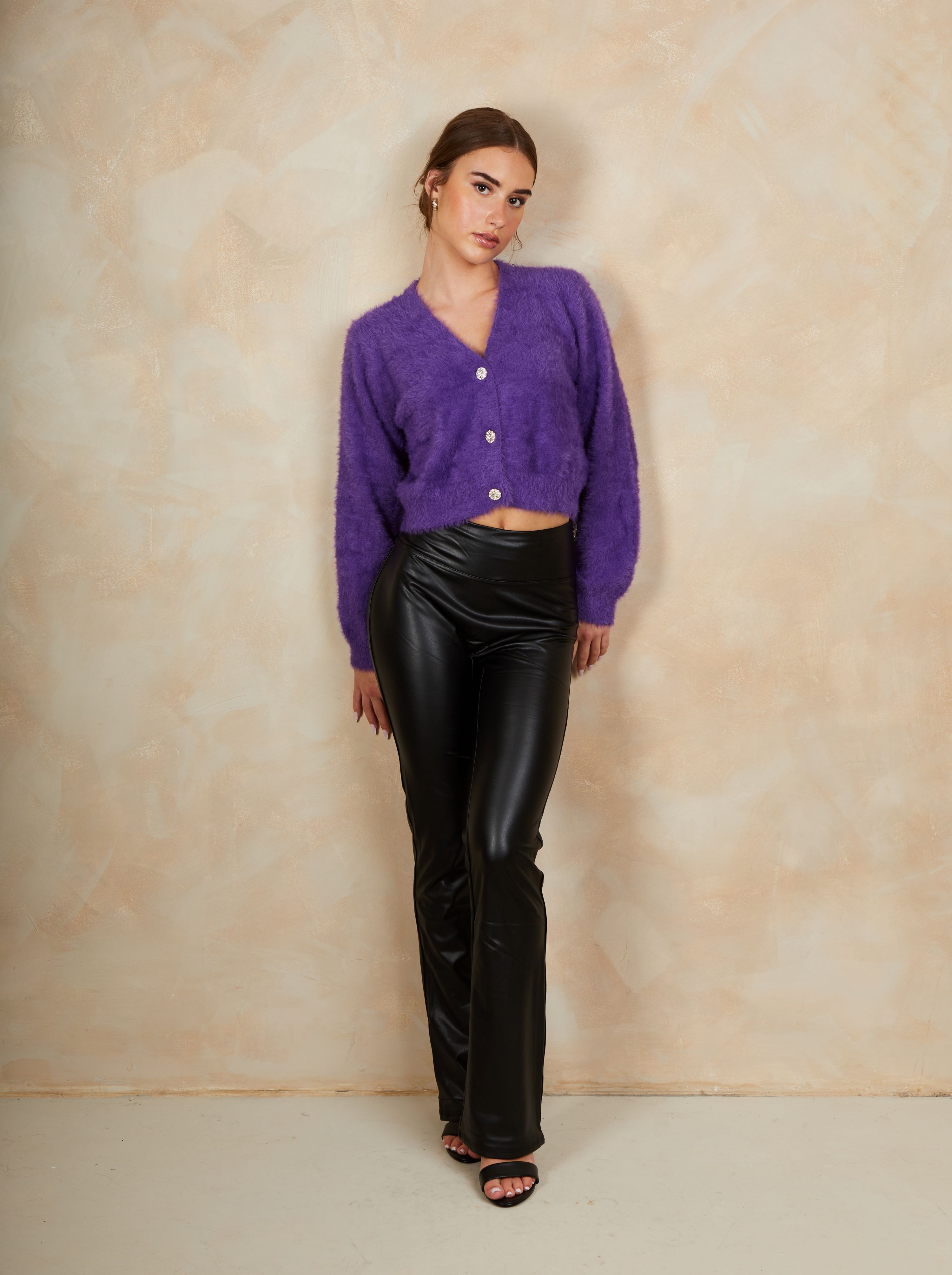 Fluffy Yarn Knitted Cardigan in Purple