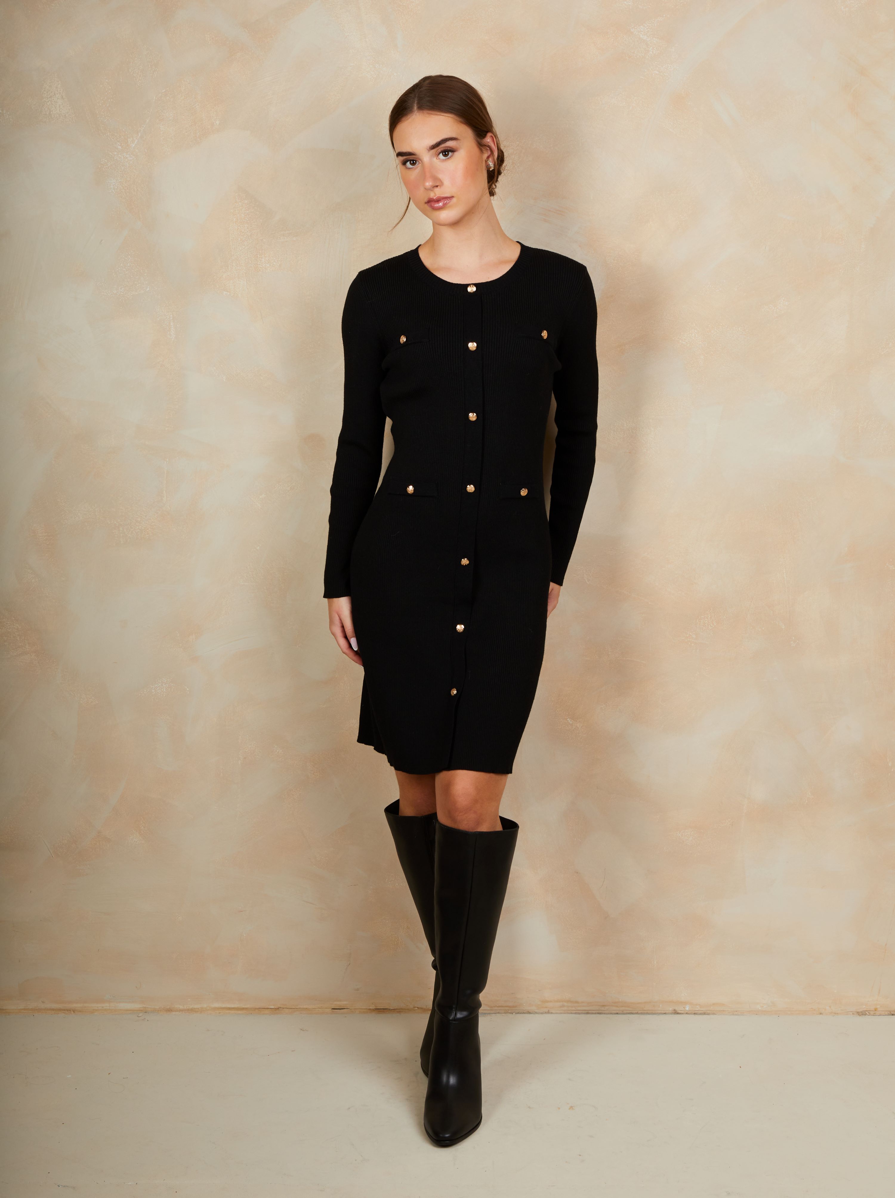 Long sleeve button down dress in Black