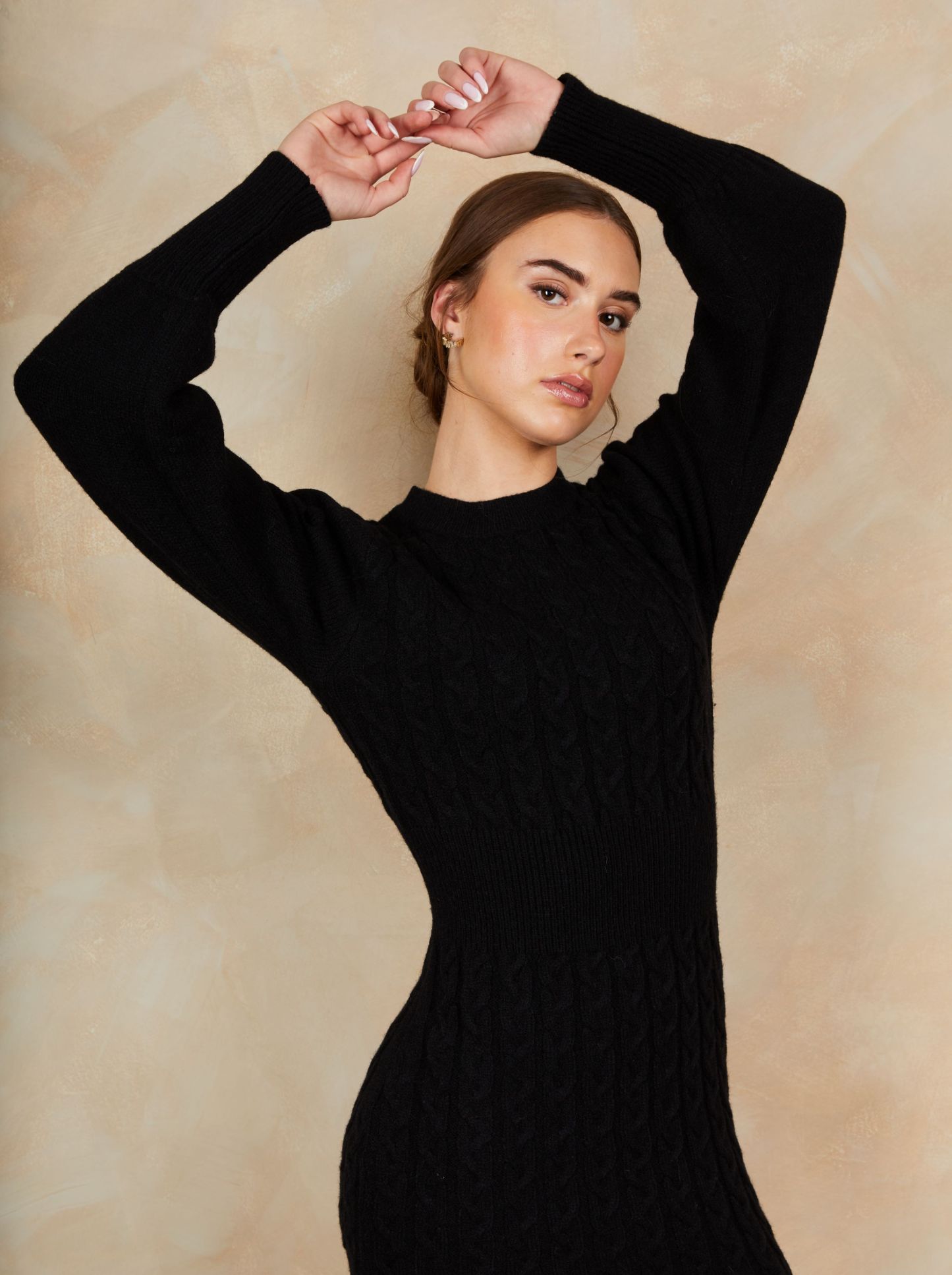 Balloon Sleeve Cable Knit Mini Jumper Dress in Black
