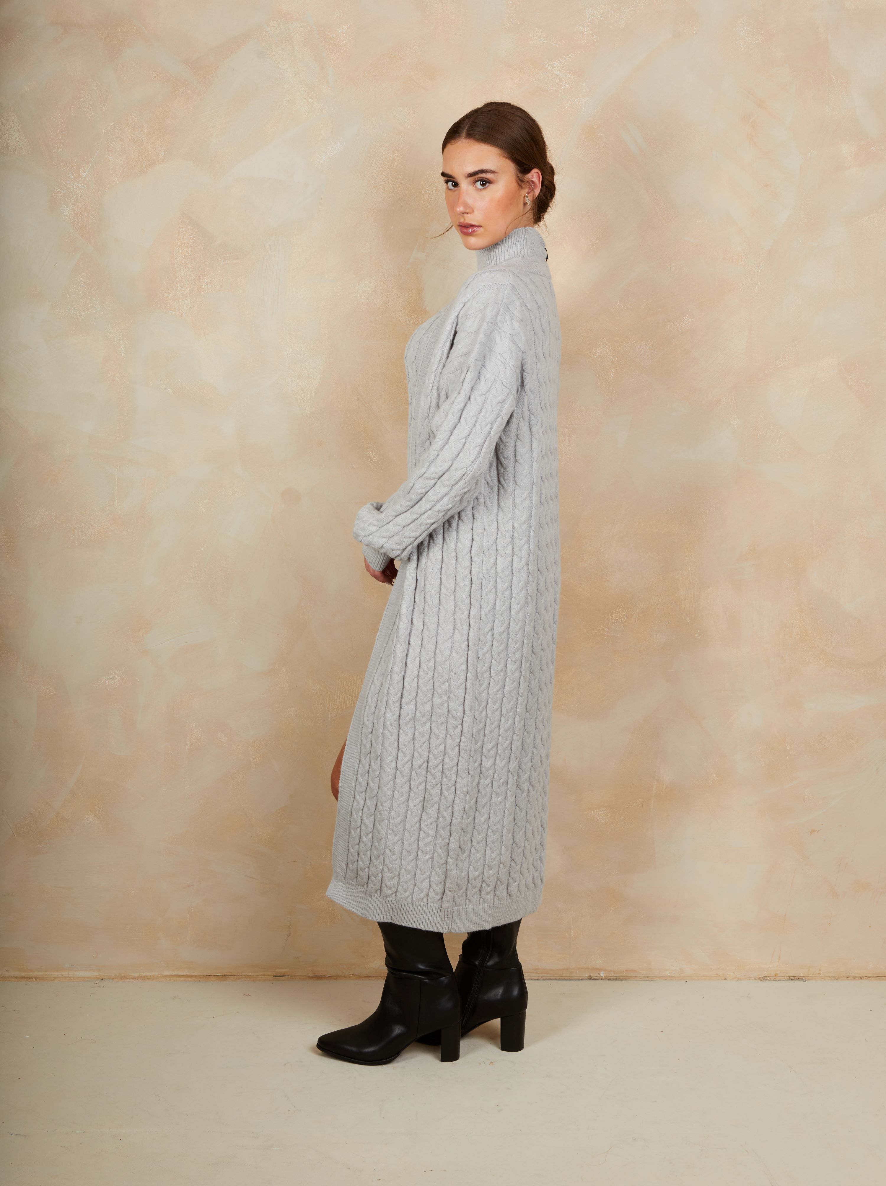 All-Over Knitted Cable Longline Cardigan in Grey