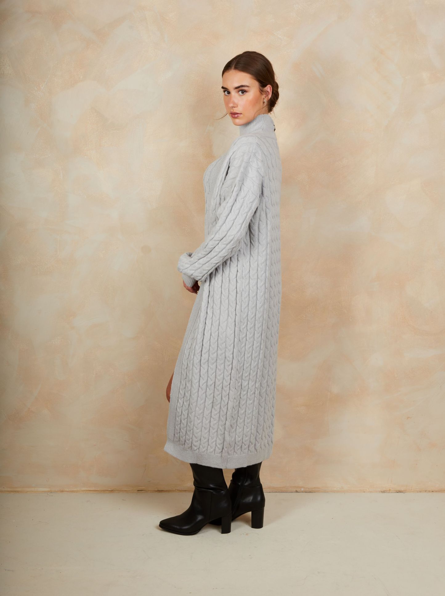 All-Over Knitted Cable Longline Cardigan in Grey
