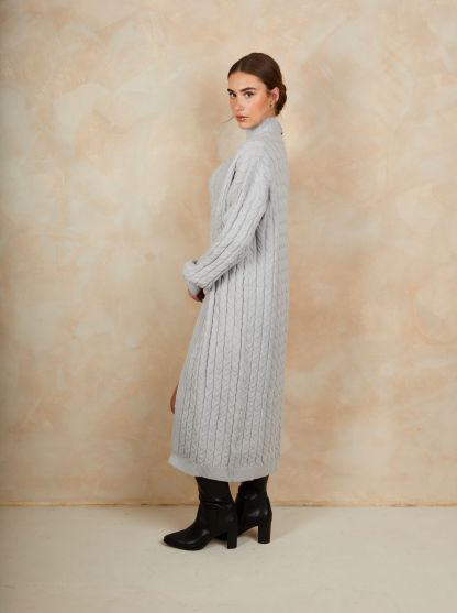 All-Over Knitted Cable Longline Cardigan in Grey