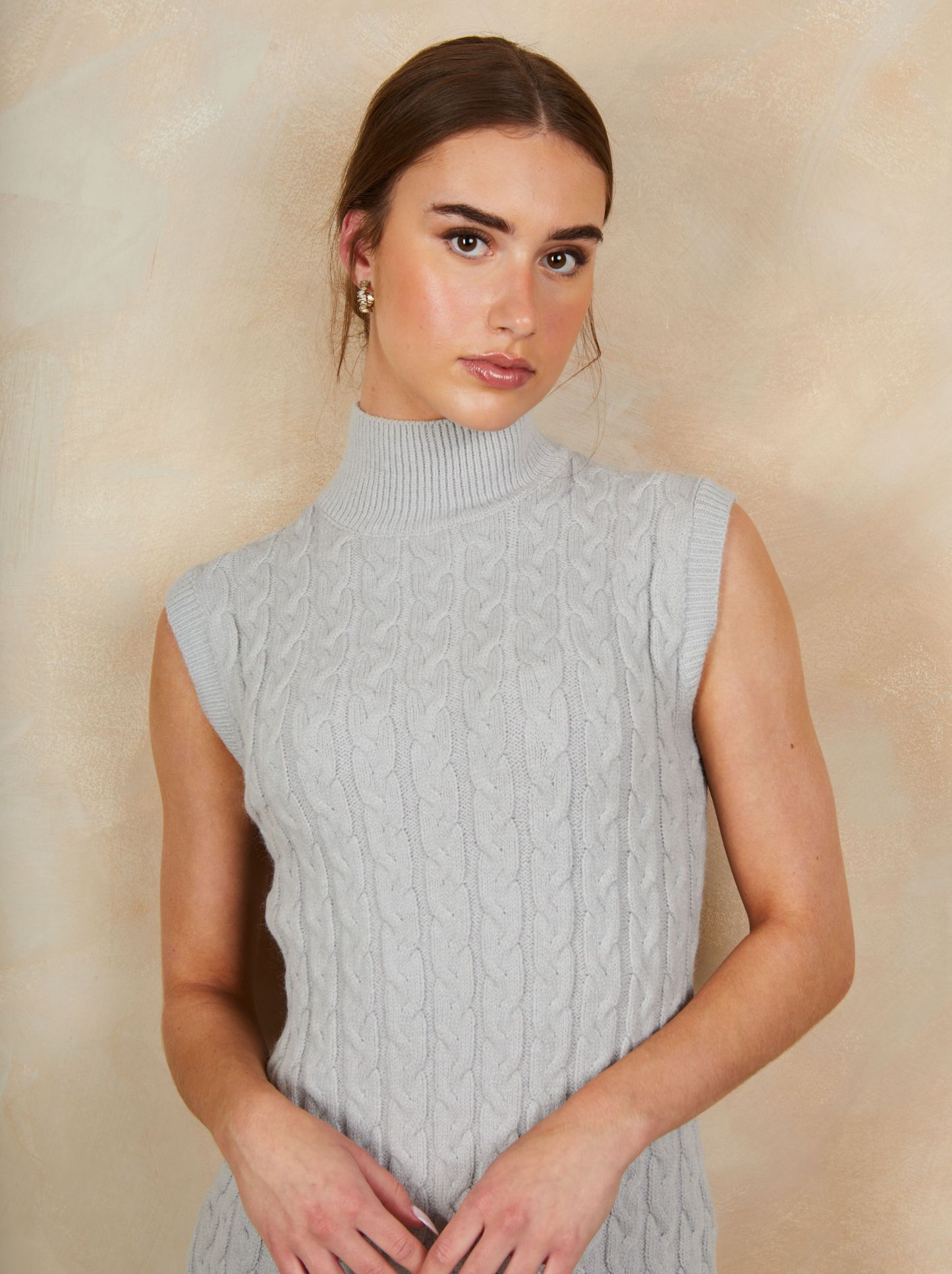 All-Over Knitted Cable High Neck Mini Dress in Grey