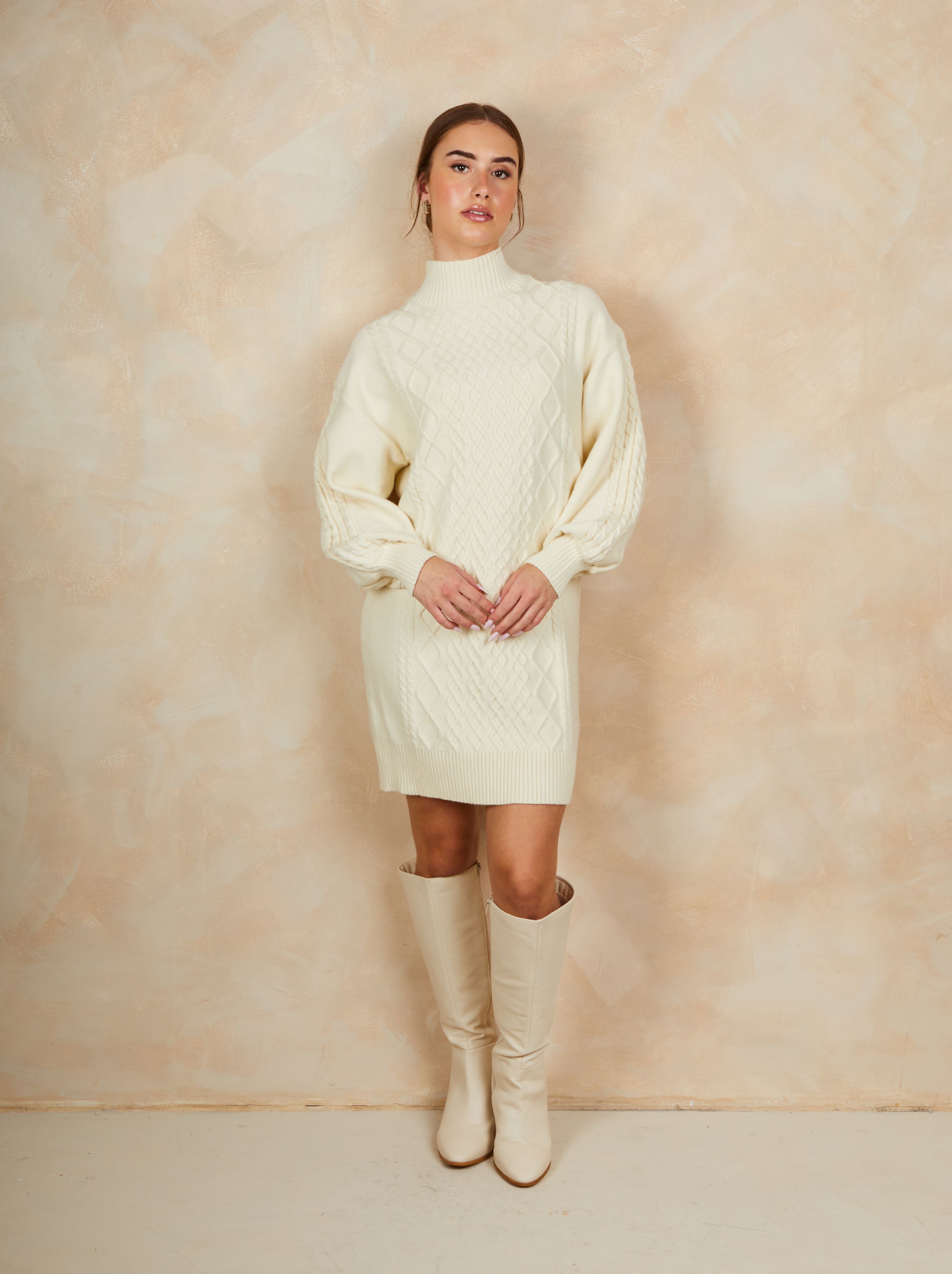Roll Neck Dress in Cream