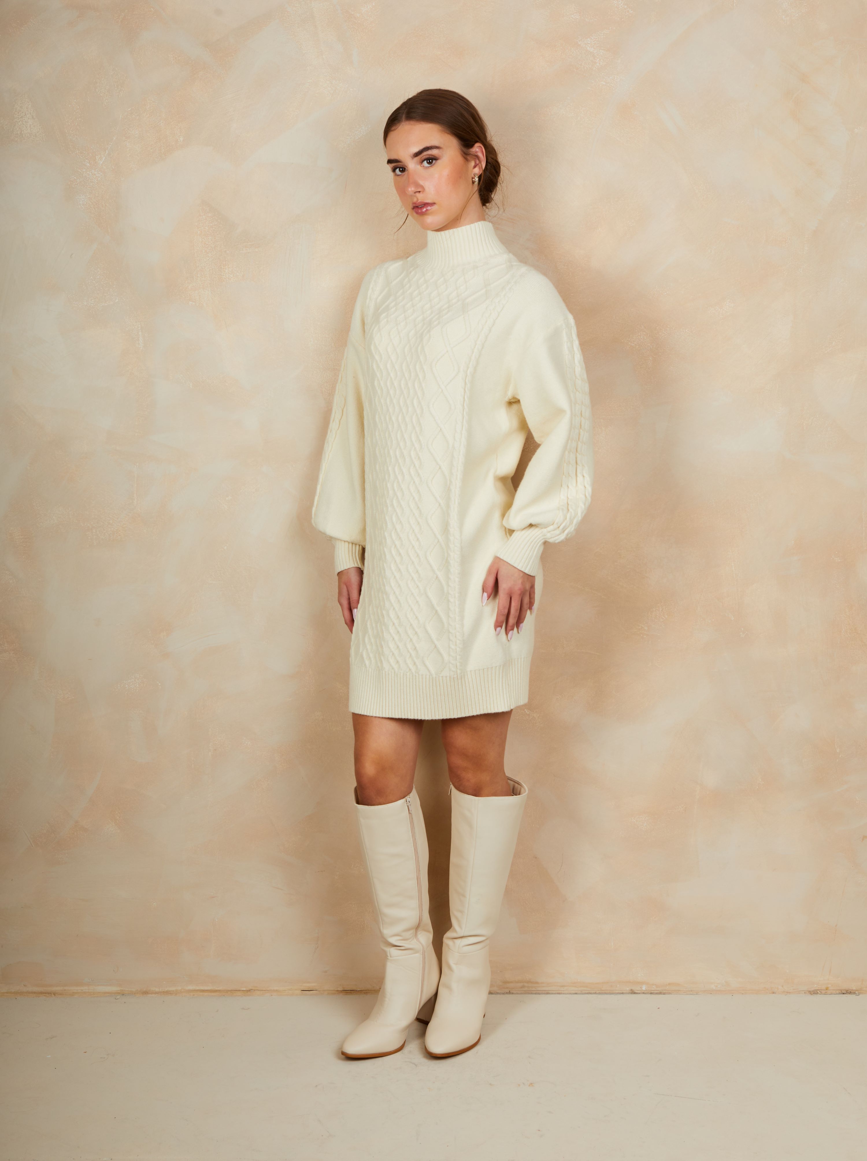 Roll Neck Dress in Cream
