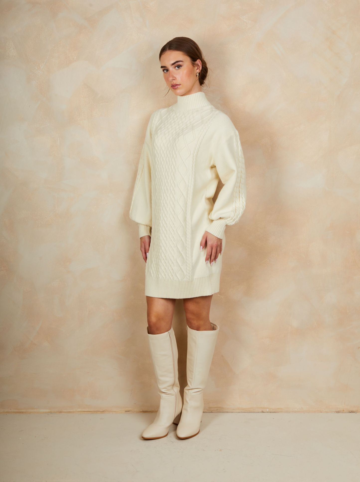 Roll Neck Dress in Cream