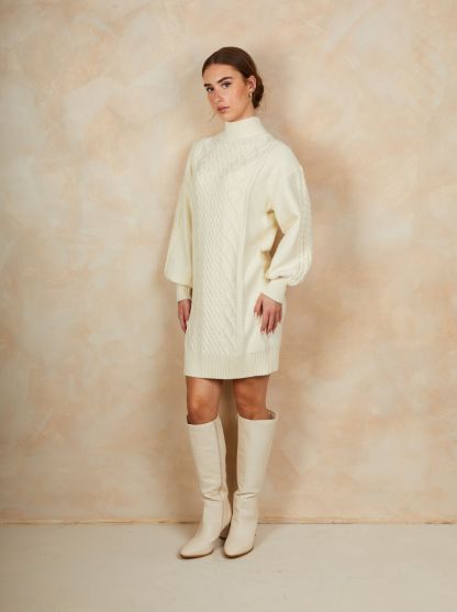Roll Neck Dress in Cream