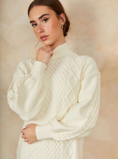 Roll Neck Dress in Cream