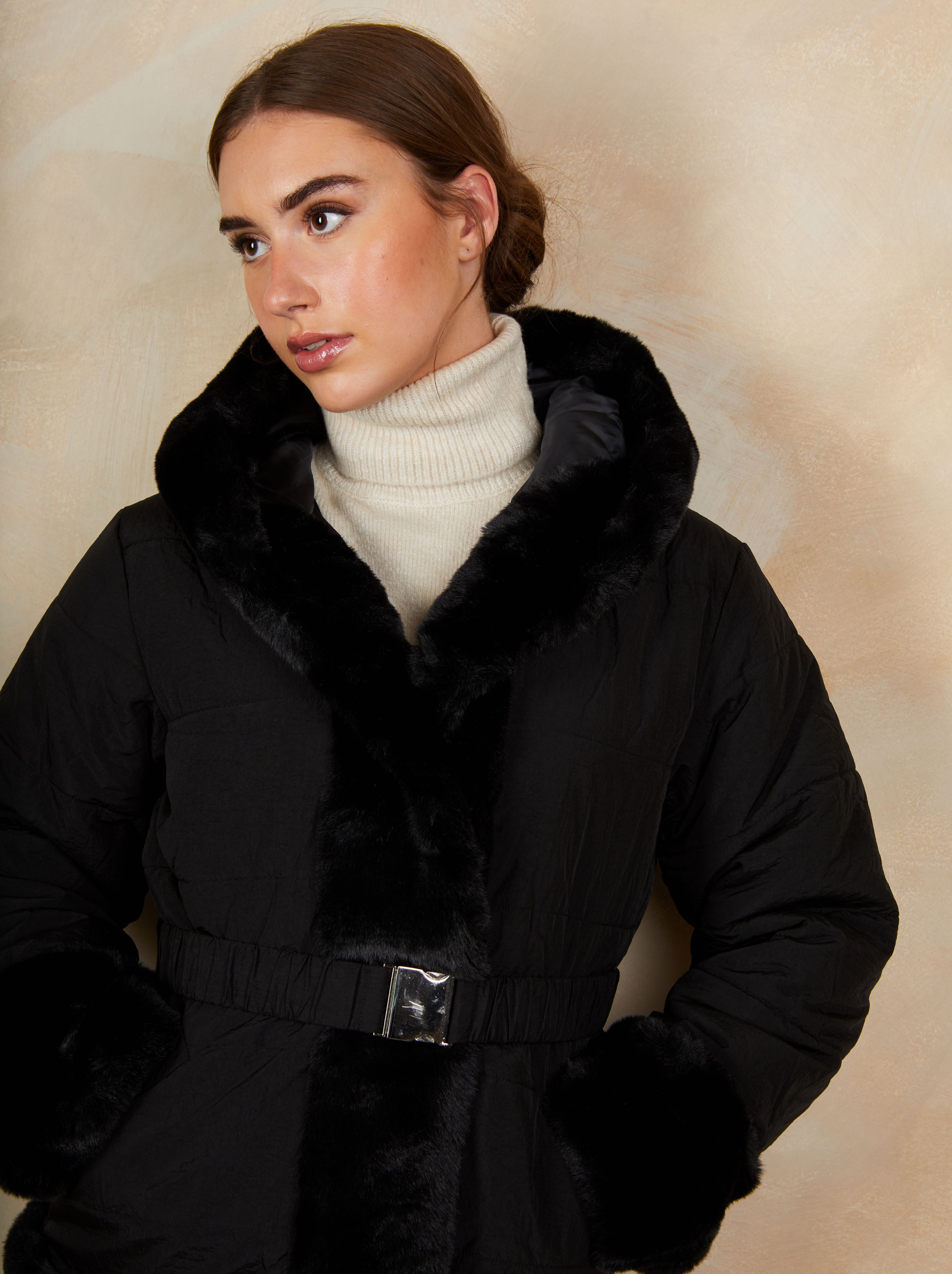 Faux Fur Belted Padded Coat in Black | Chi Chi London UK