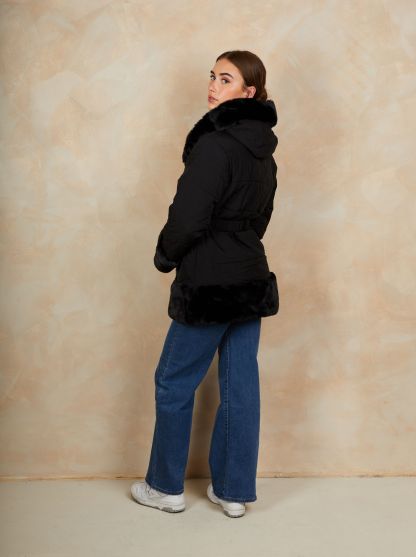Faux Fur Belted Padded Coat in Black