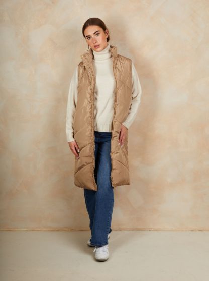 Diamond Quilt Detail Longline Padded Gilet in Tan