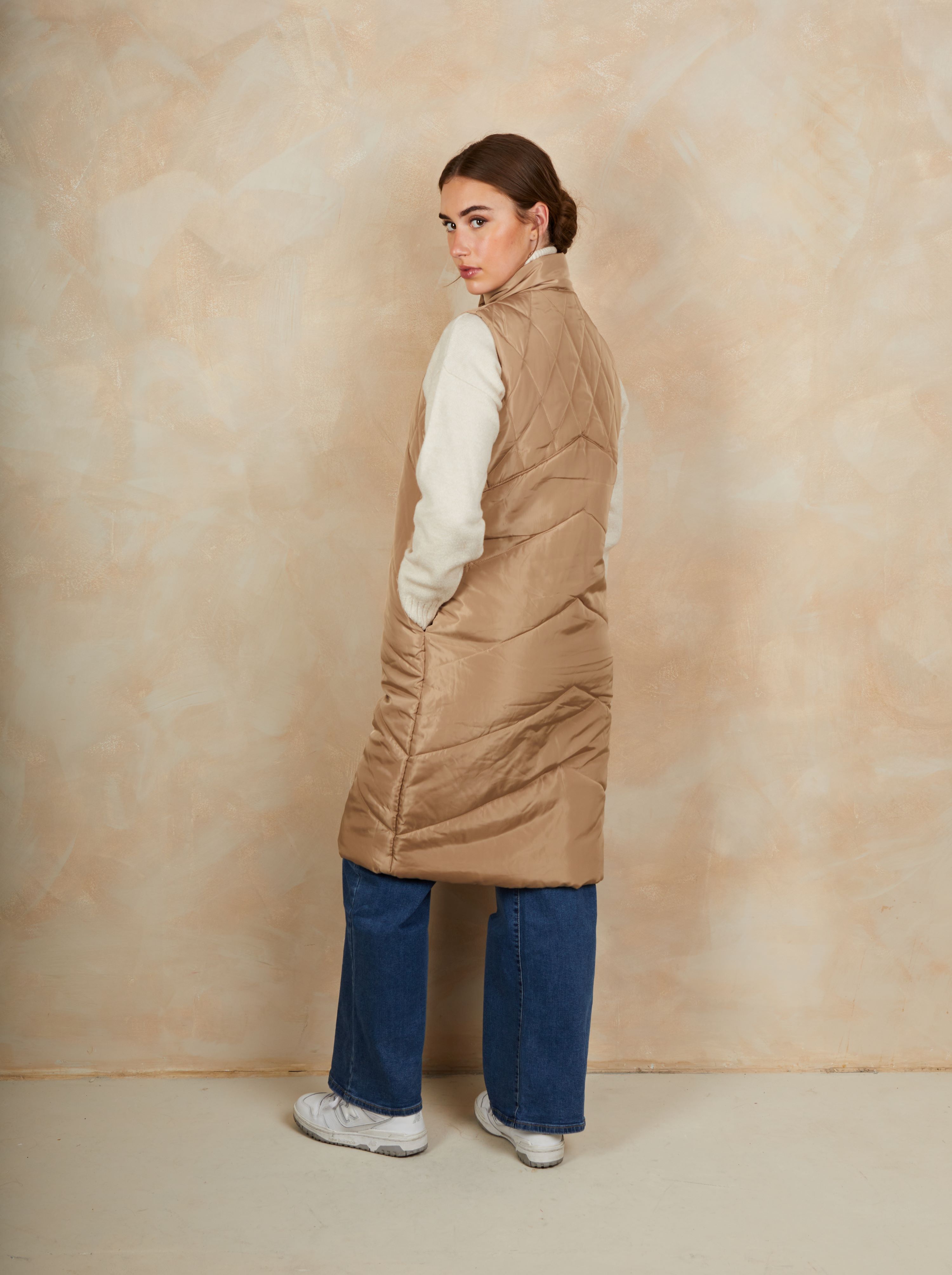 Diamond Quilt Detail Longline Padded Gilet in Tan