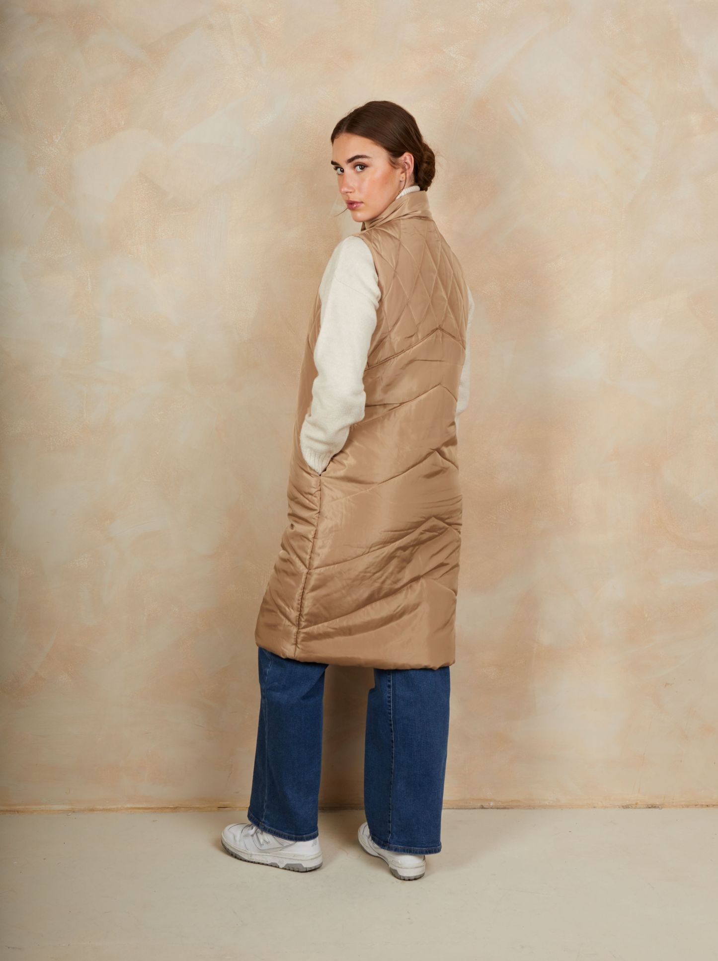 Diamond Quilt Detail Longline Padded Gilet in Tan