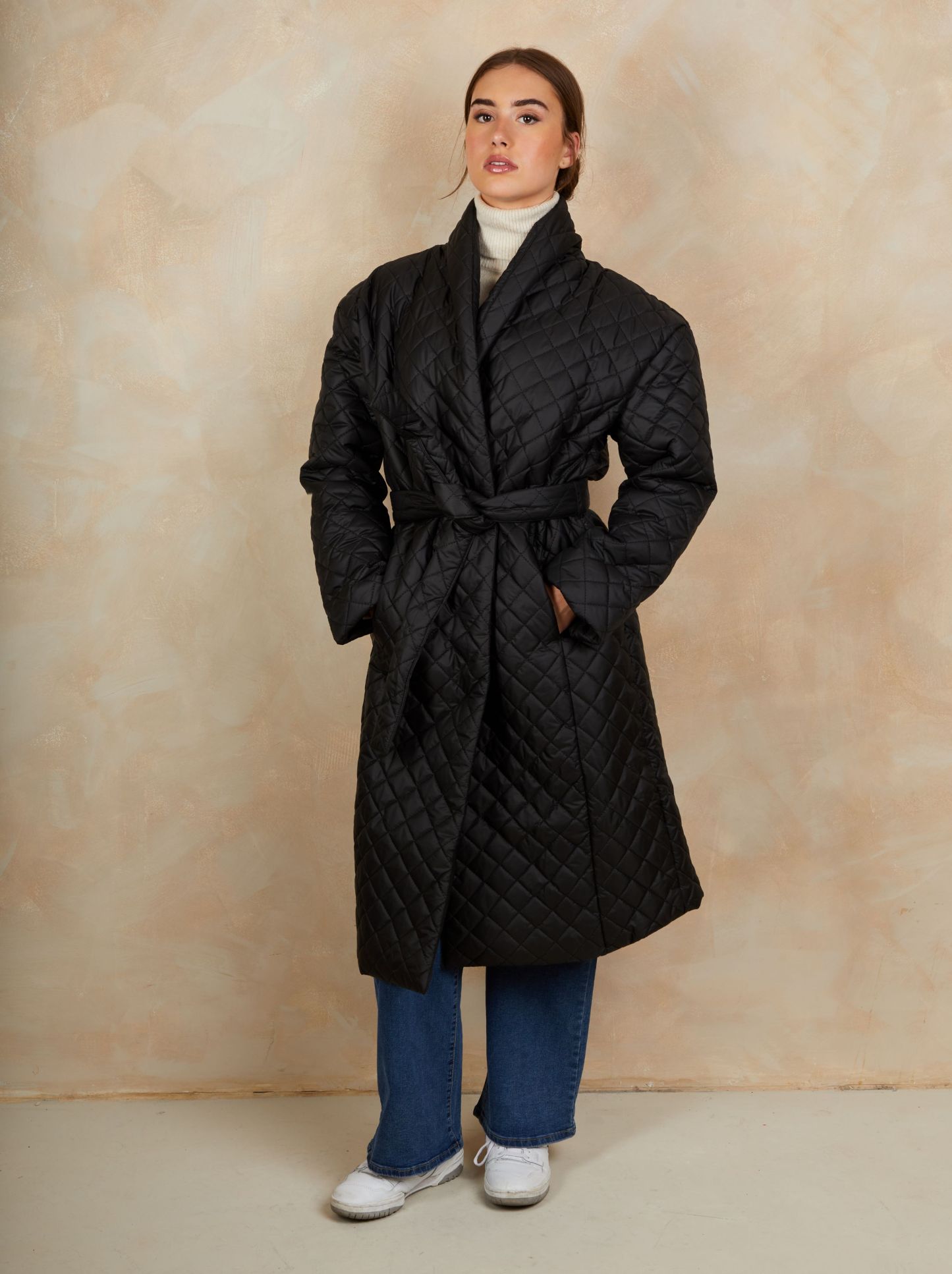 Diamond Quilted Longline Belted Coat in Black