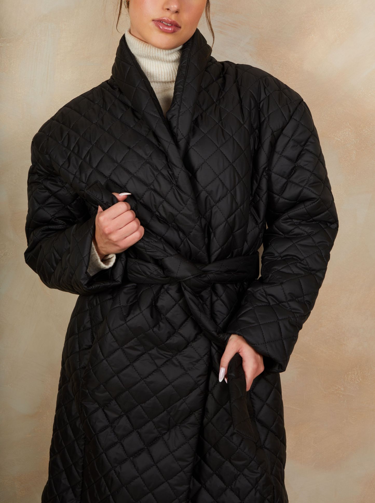 Diamond Quilted Longline Belted Coat in Black