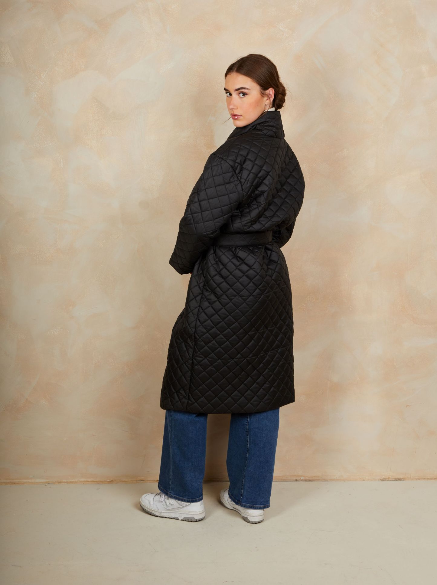 Diamond Quilted Longline Belted Coat in Black