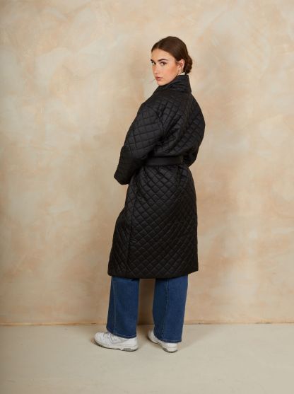 Diamond Quilted Longline Belted Coat in Black