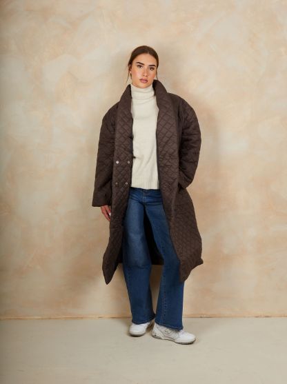 Diamond Quilted Longline Belted Coat in Chocolate