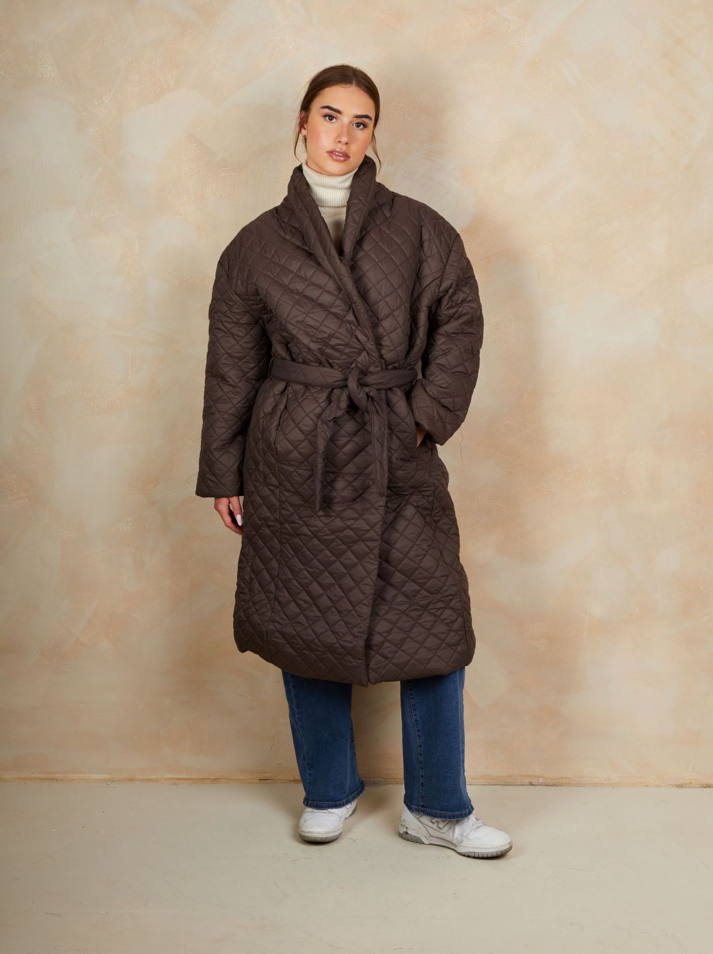 Diamond Quilted Longline Belted Coat in Chocolate