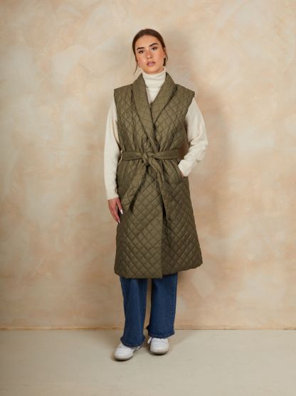 Diamond Quilted Longline Belted Gilet in Khaki