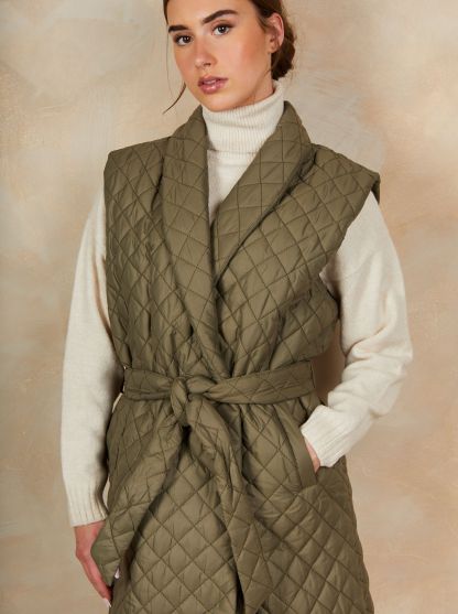 Diamond Quilted Longline Belted Gilet in Khaki