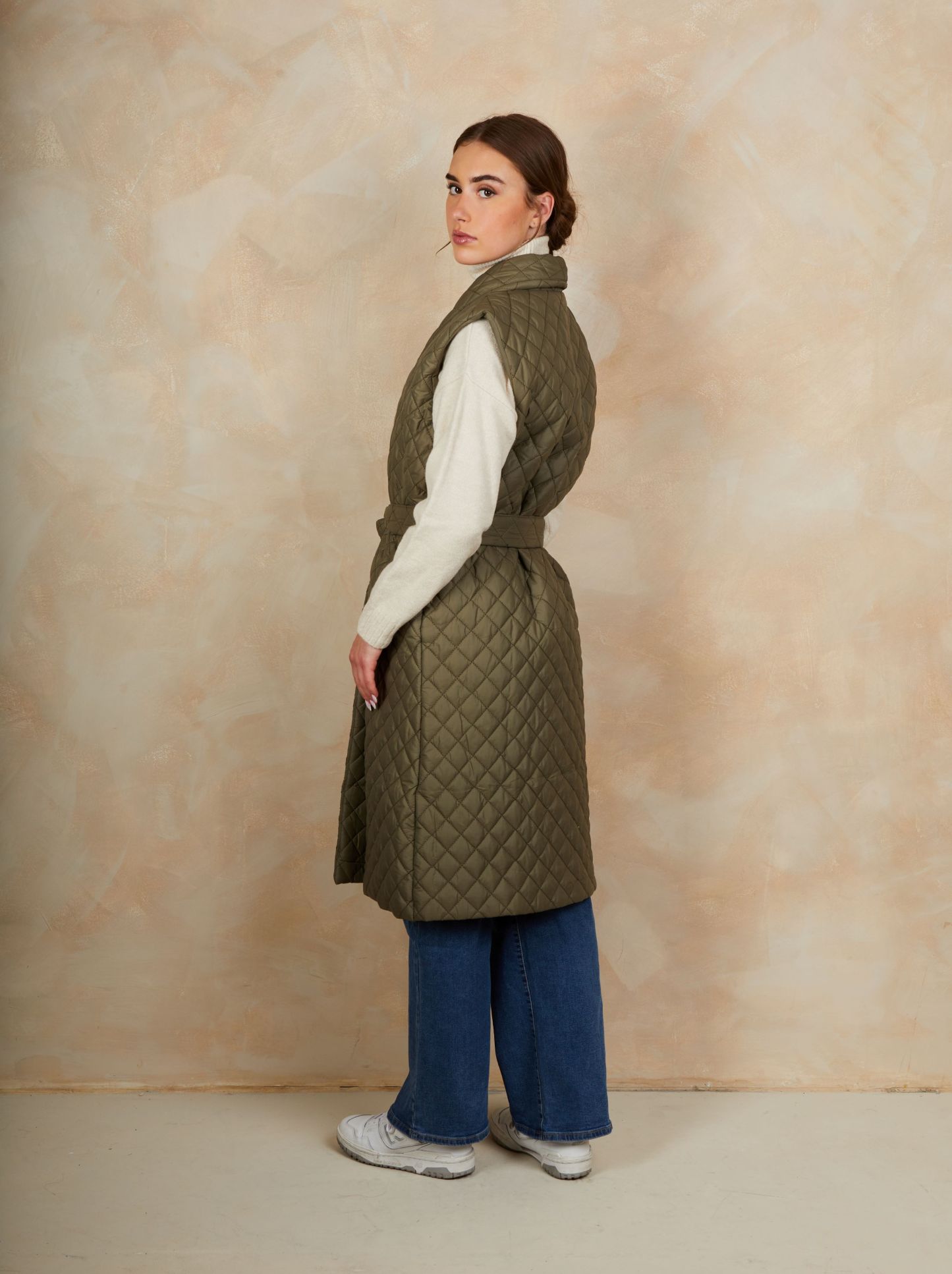 Diamond Quilted Longline Belted Gilet in Khaki