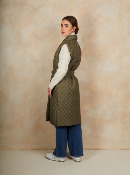 Diamond Quilted Longline Belted Gilet in Khaki