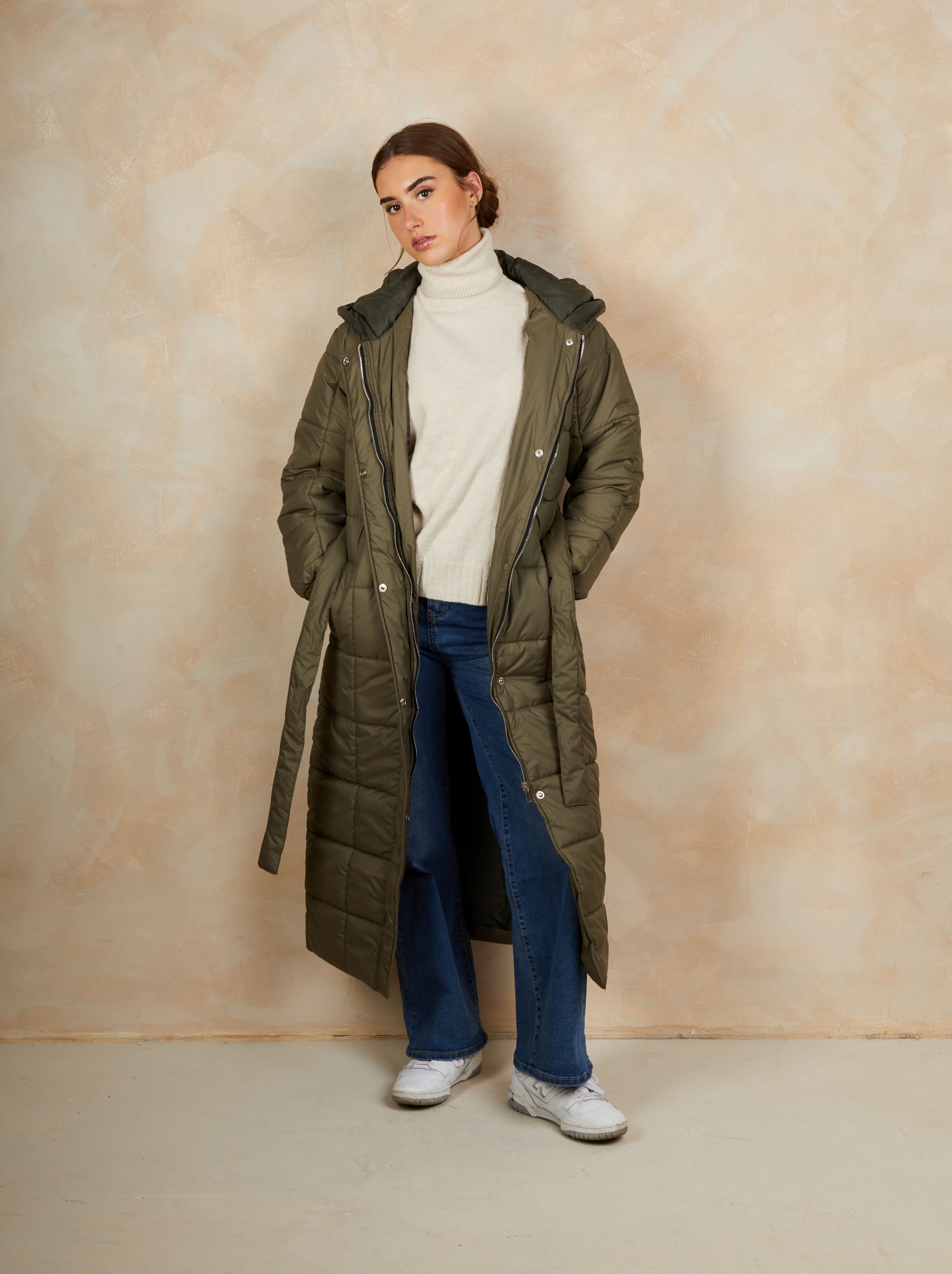 Check Padded Longline Belted Coat in Khaki