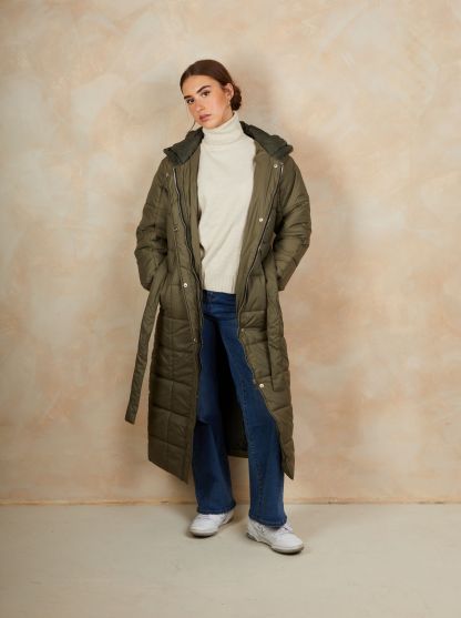 Check Padded Longline Belted Coat in Khaki