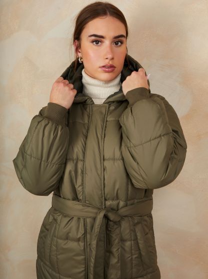 Check Padded Longline Belted Coat in Khaki